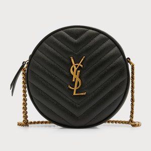 Saint Laurent Vinyle YSL Round Quilted Grain de Poudre Crossbody Bag